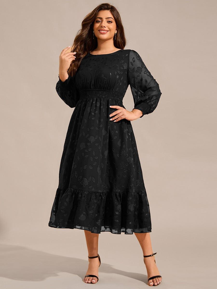 Plus Size Long Sleeve Round Neckline Midi Chiffon Wedding Guest Dress #color_Black