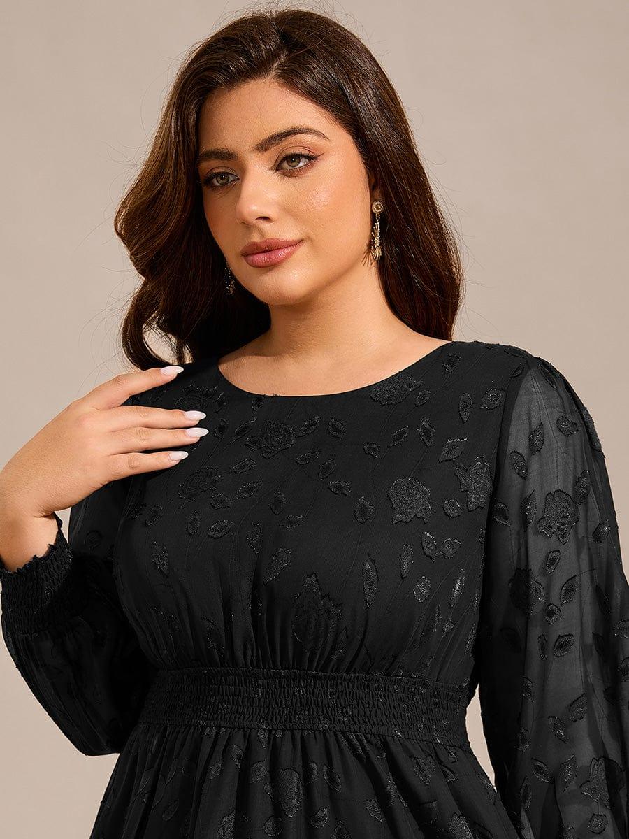 Plus Size Long Sleeve Round Neckline Midi Chiffon Wedding Guest Dress #color_Black