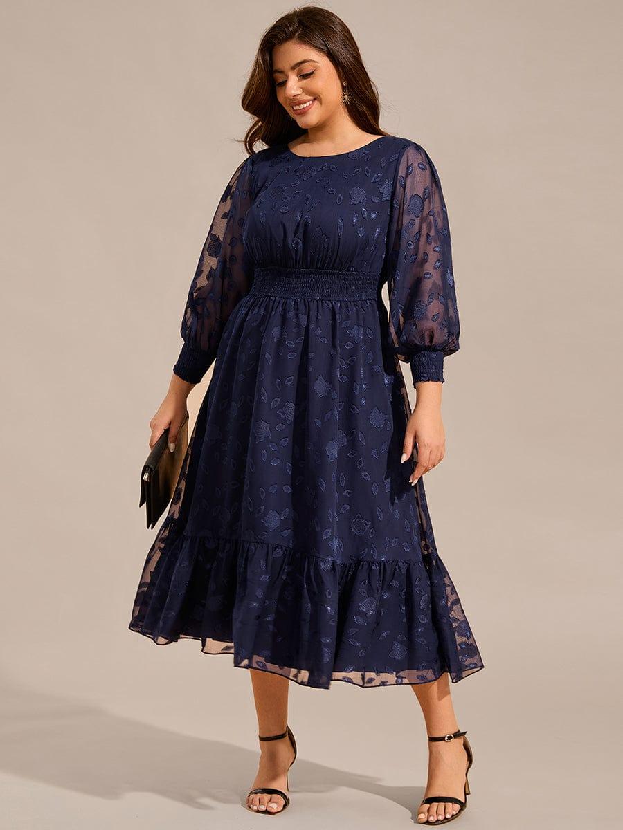 Plus Size Long Sleeve Round Neckline Midi Chiffon Wedding Guest Dress #color_Navy Blue