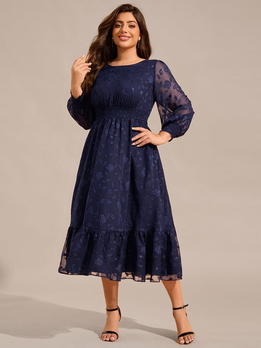 Plus Size Long Sleeve Round Neckline Midi Chiffon Wedding Guest Dress #color_Navy Blue