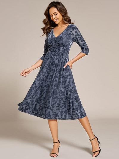 ever NYRA|Floral Velvet 3/4 Sleeve V-Neck Pleated Wedding Guest Dress