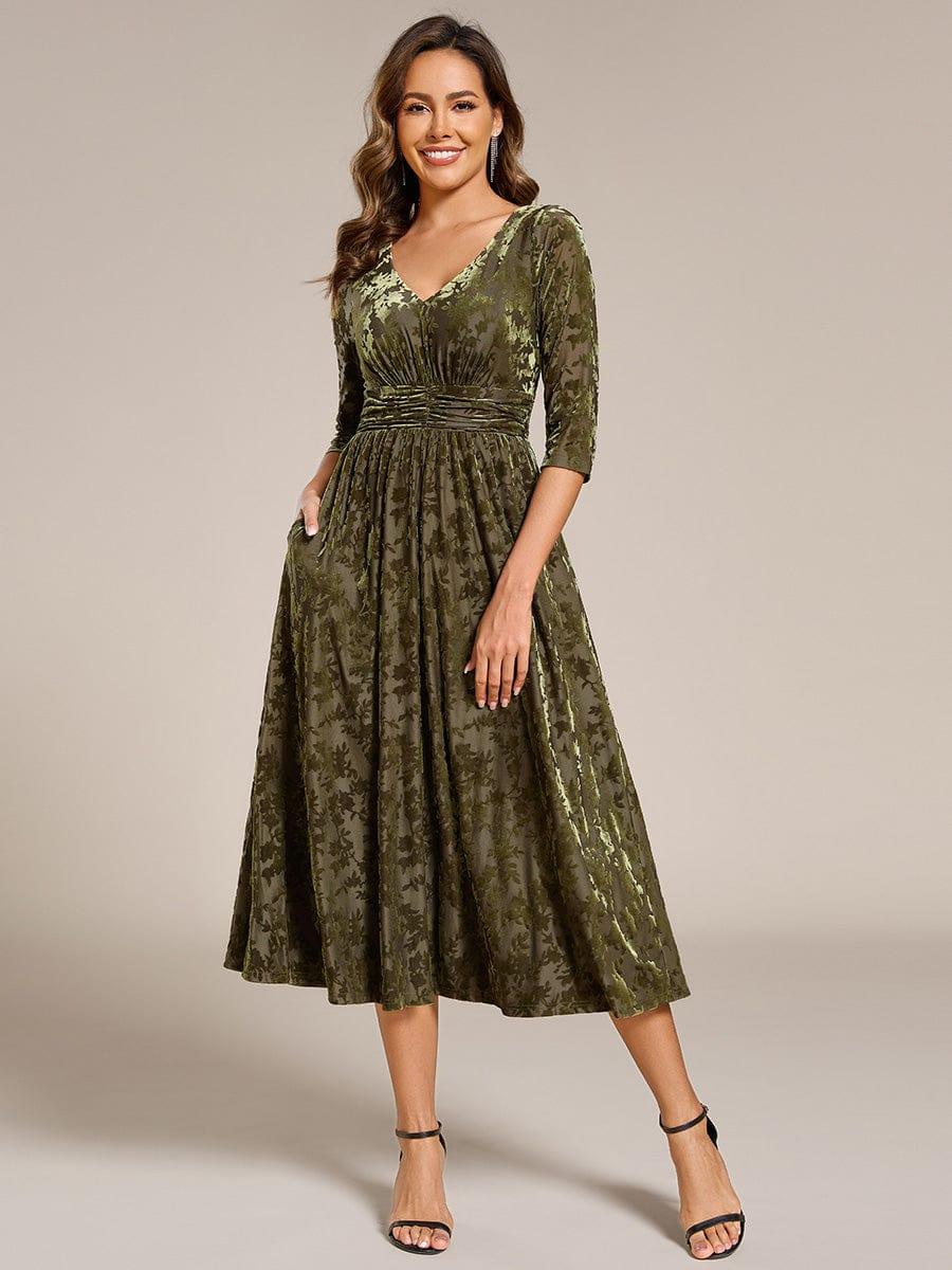 Floral Velvet 3/4 Sleeve V-Neck Pleated Wedding Guest Dress #color_Olive Green