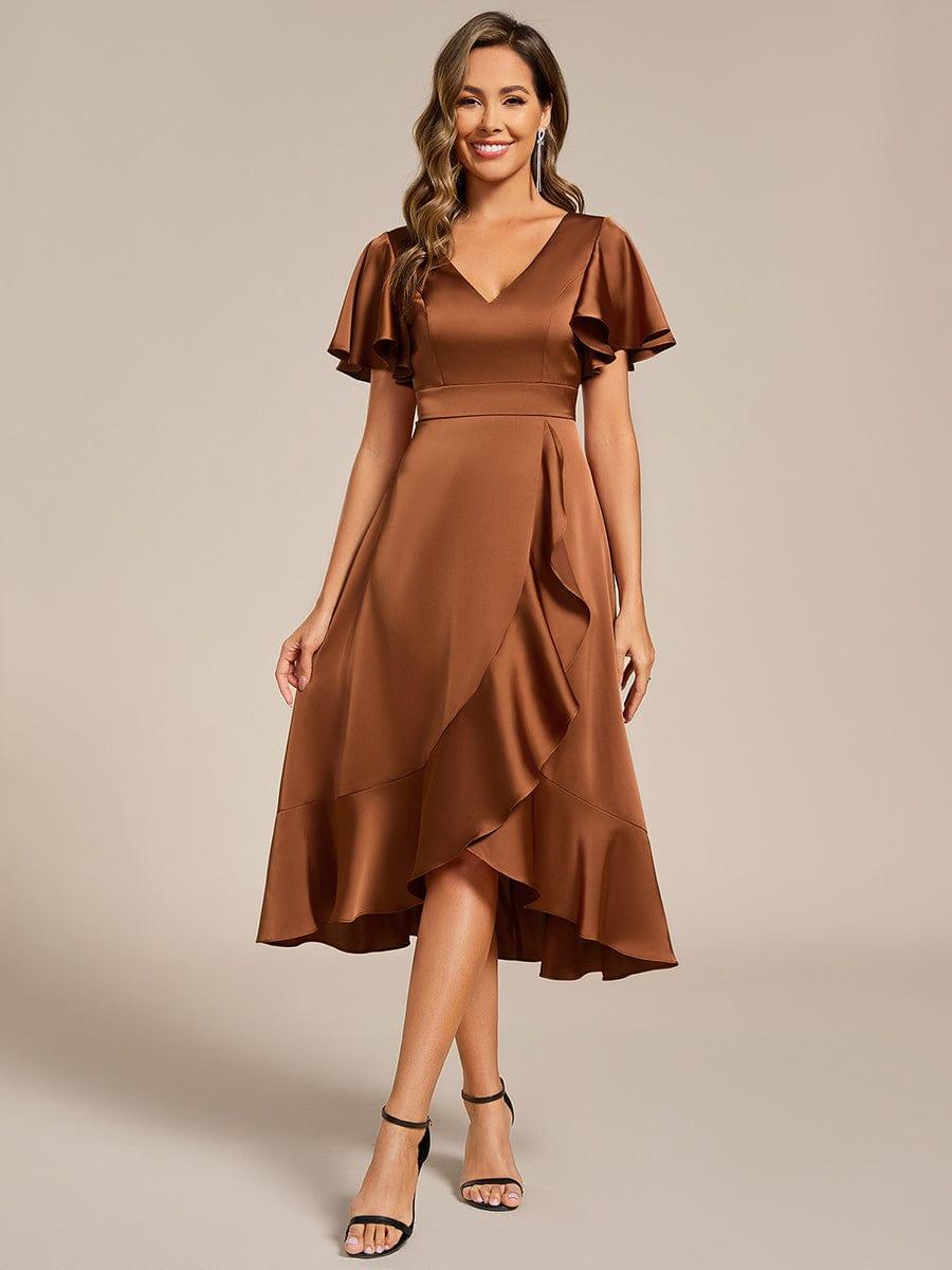 V-Neck Satin Midi Wedding Guest Dress with Ruffled Skirt #color_Brown