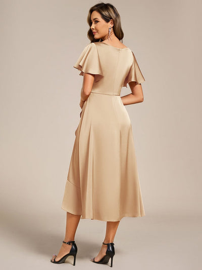 V-Neck Satin Midi Wedding Guest Dress with Ruffled Skirt #color_Champagne