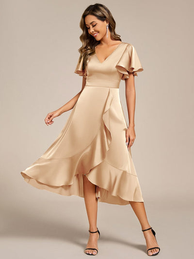 V-Neck Satin Midi Wedding Guest Dress with Ruffled Skirt #color_Champagne