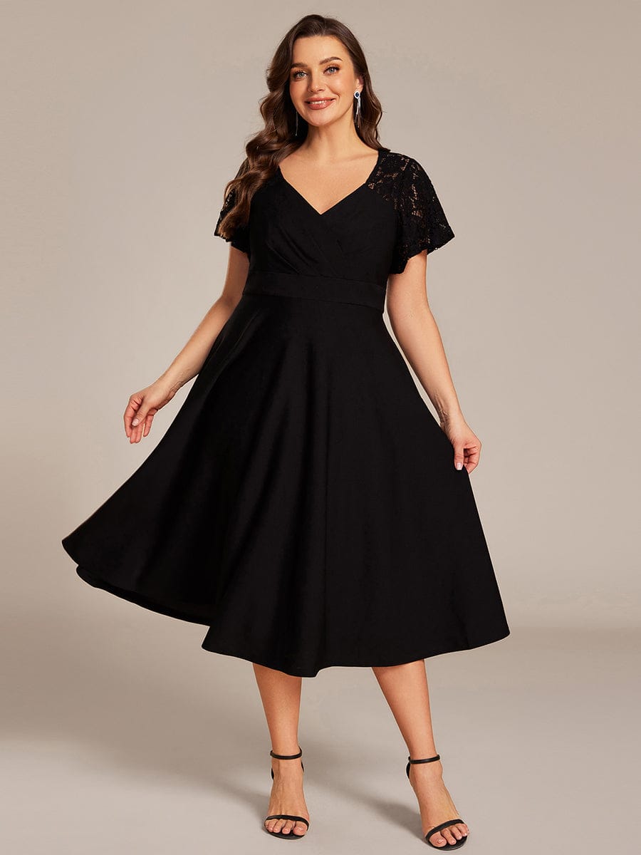 Plus Size A-Line Pleated Midi Wedding Guest Dress with Pockets #color_Black