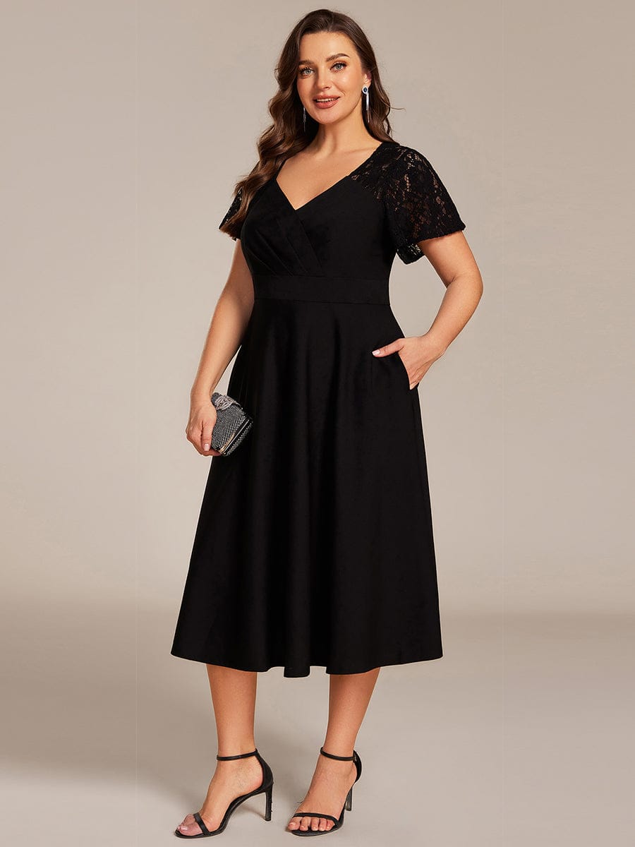 Plus Size A-Line Pleated Midi Wedding Guest Dress with Pockets #color_Black