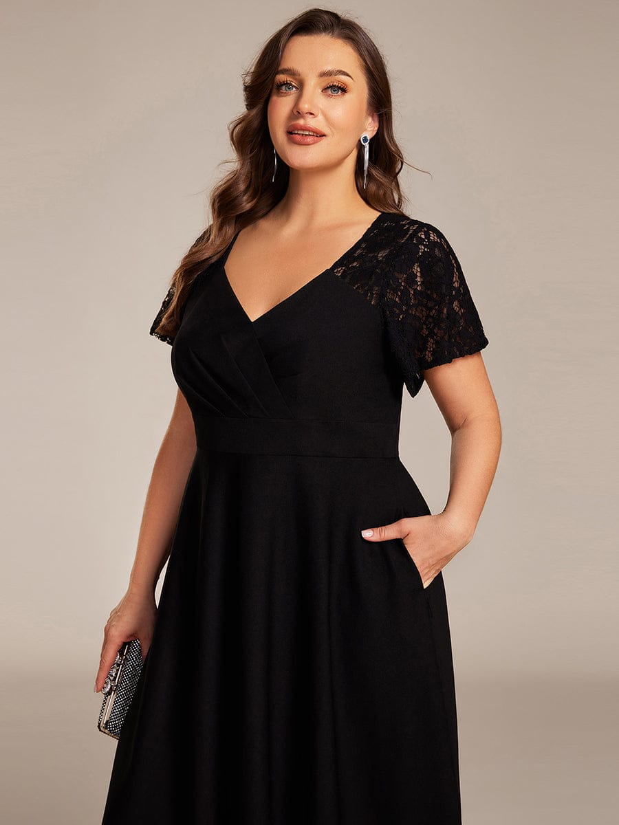 Plus Size A-Line Pleated Midi Wedding Guest Dress with Pockets #color_Black