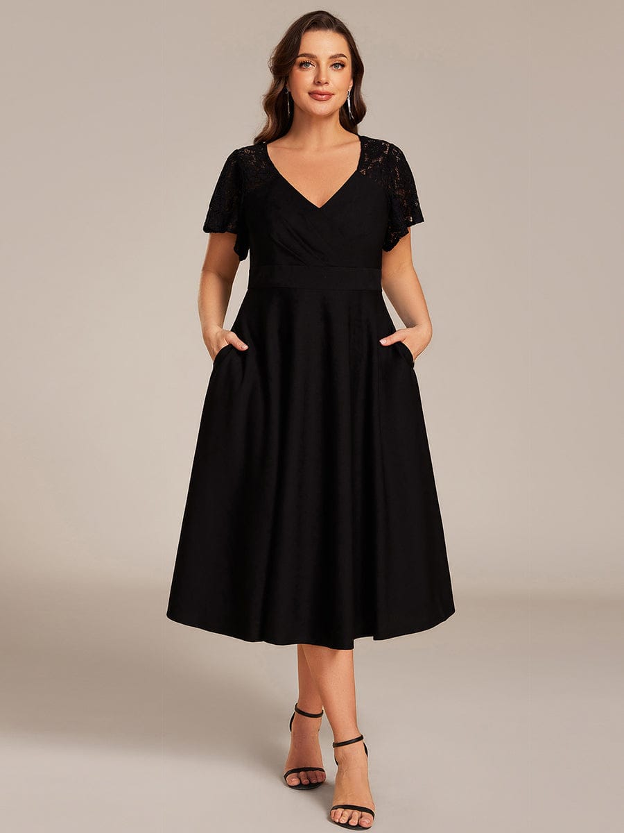 Plus Size A-Line Pleated Midi Wedding Guest Dress with Pockets #color_Black