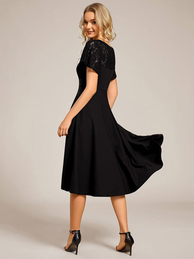 Short Sleeves A-Line Midi Wedding Guest Dress with Pockets #color_Black