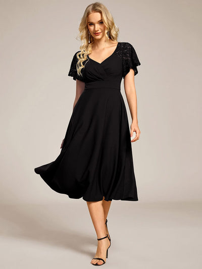 ever EVIE|Short Sleeves A-Line Midi Wedding Guest Dress with Pockets