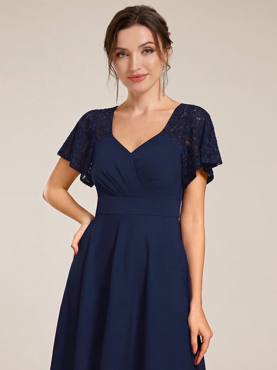 Short Sleeves A-Line Midi Wedding Guest Dress with Pockets #color_Navy Blue