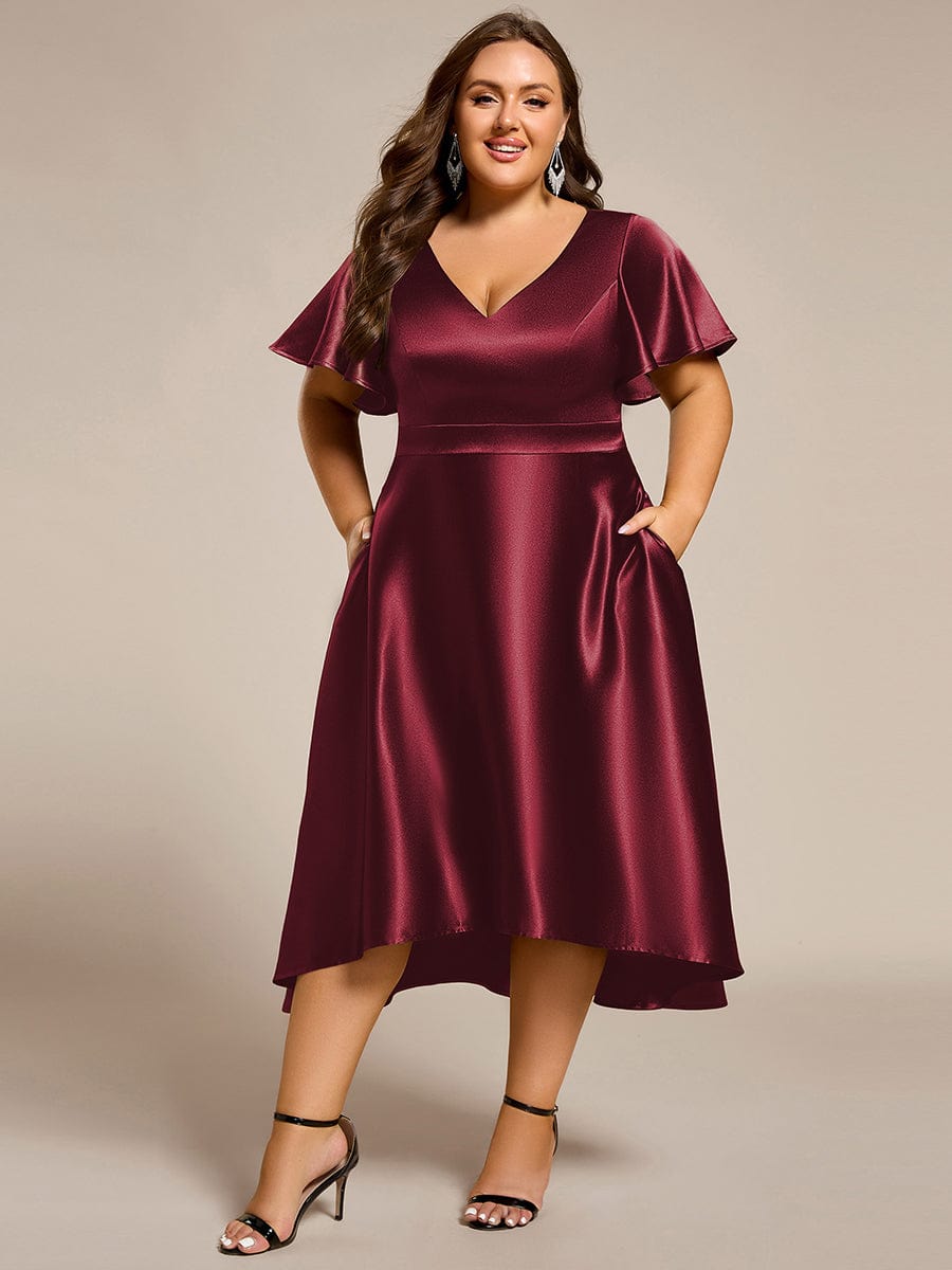 Satin V-Neck Flutter Sleeve Midi Bridesmaid Dress with Pockets #color_Burgundy