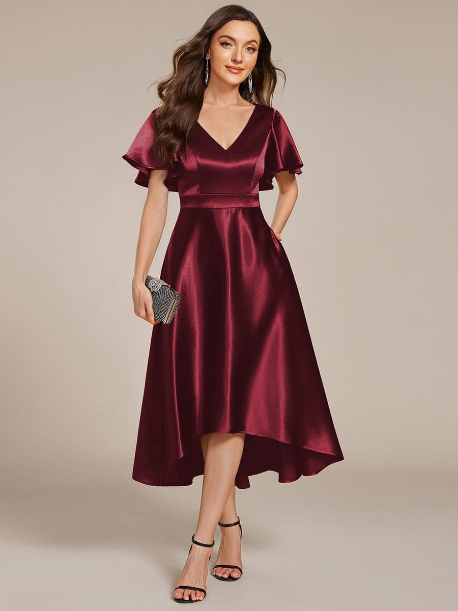 V-neck High-Low Satin Wedding Guest Dress with Pockets #color_Burgundy