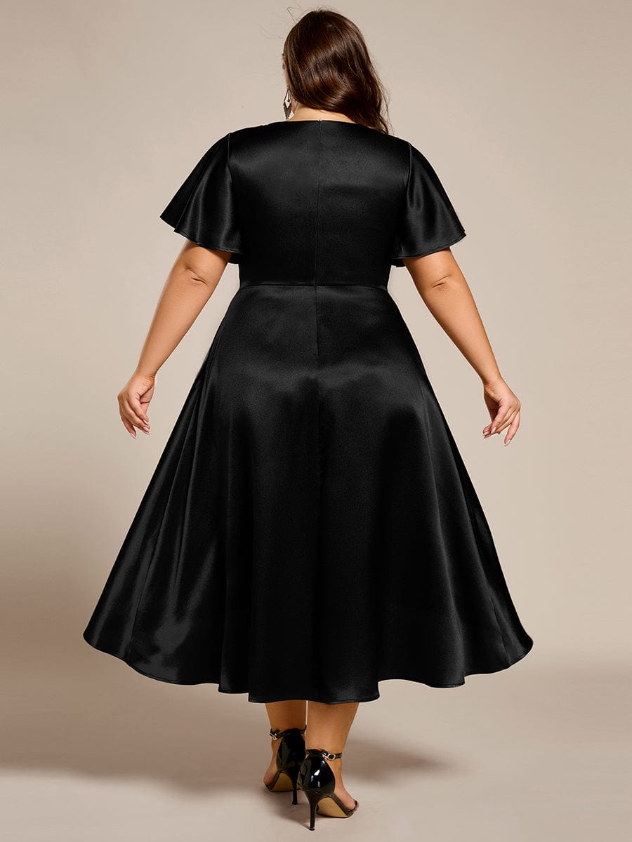 V-neck High-Low Satin Wedding Guest Dress with Pockets #color_Black