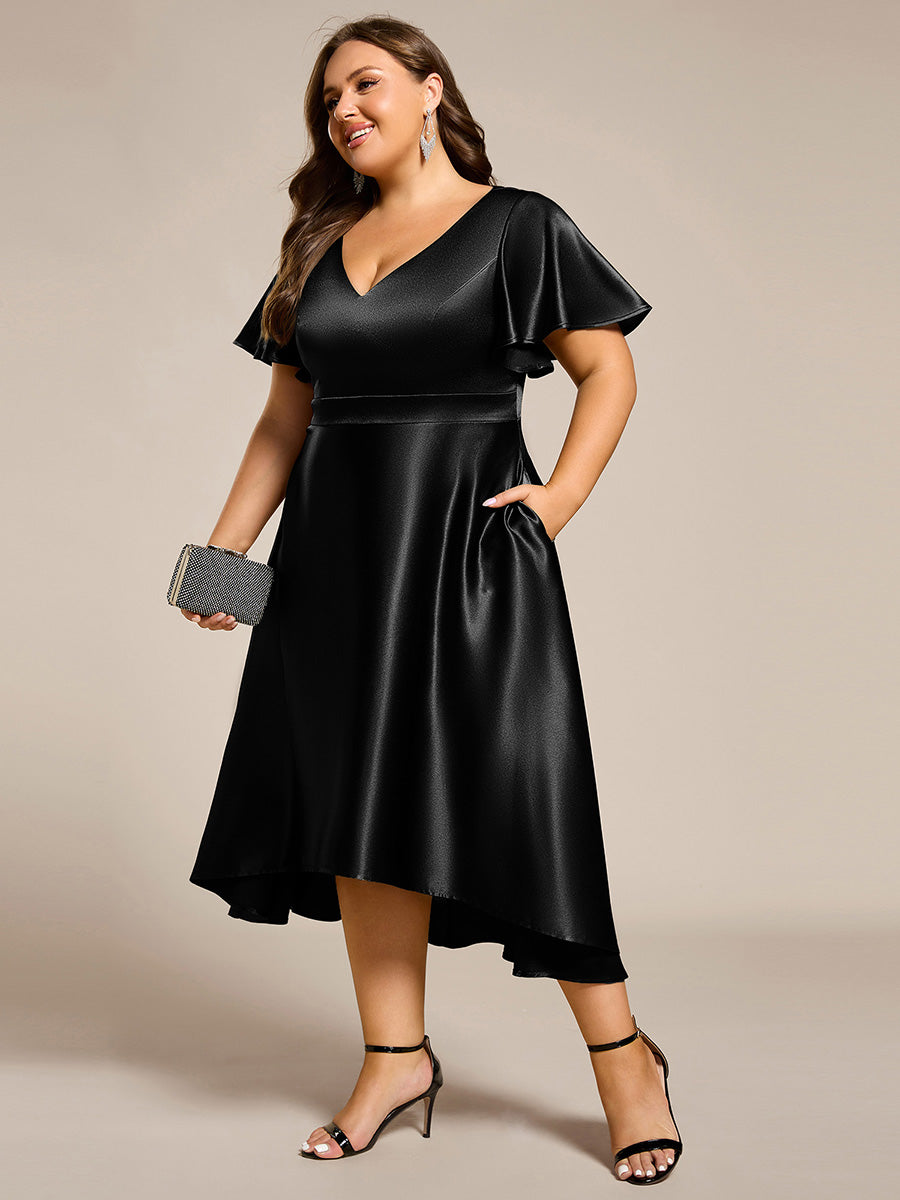 Plus Size Satin Midi Wedding Guest Dress with Pockets #color_Black