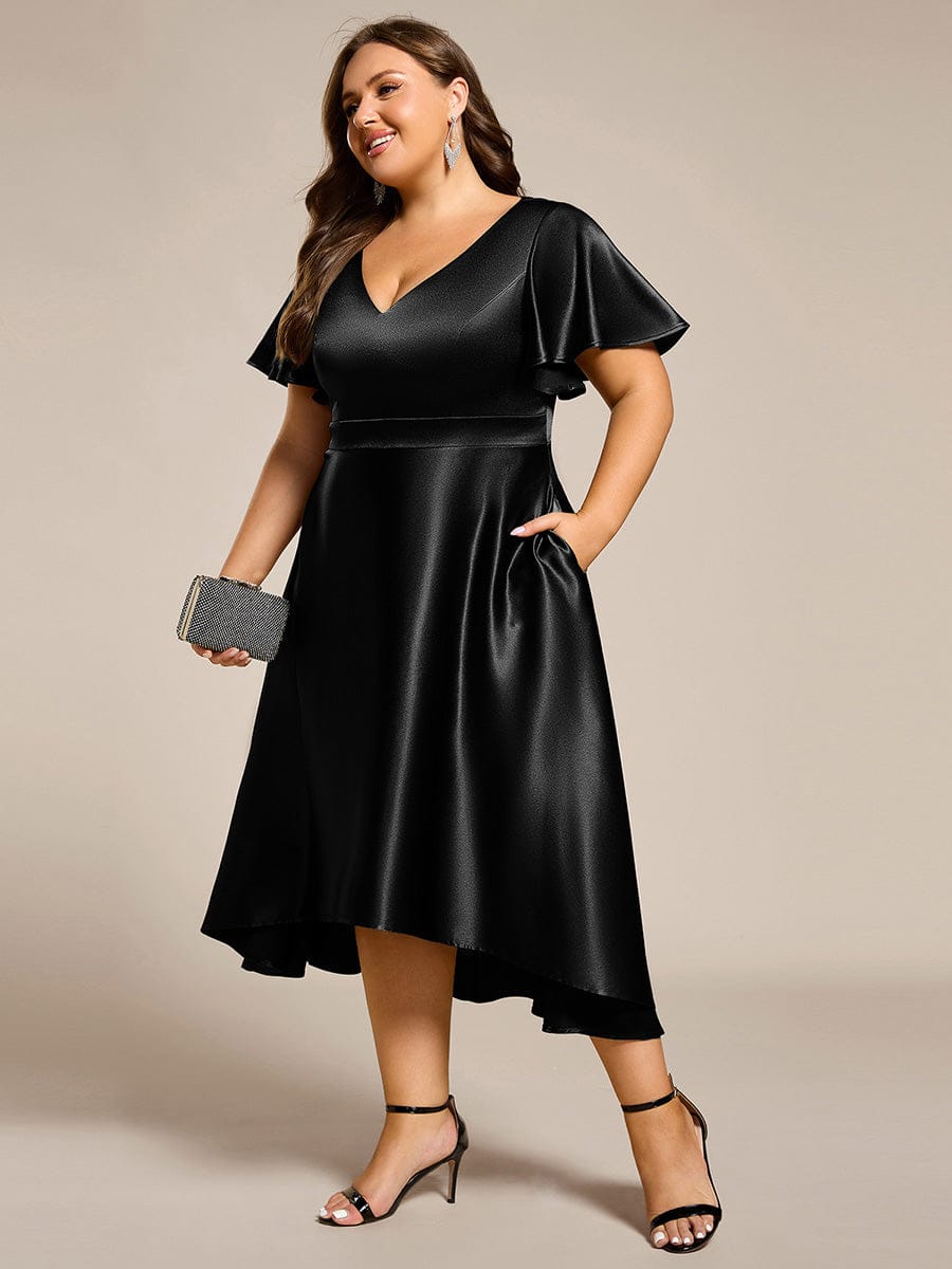 Plus Size Satin Midi Wedding Guest Dress with Pockets #color_Black