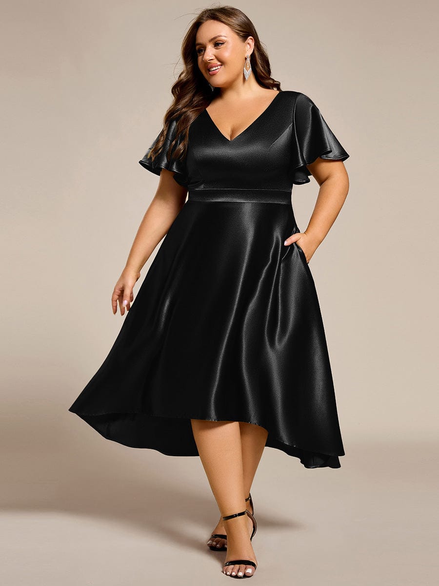 Plus Size Satin Midi Wedding Guest Dress with Pockets #color_Black