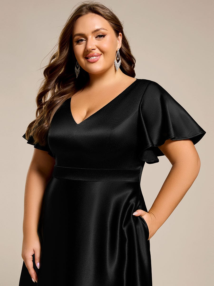 Satin V-Neck Flutter Sleeve Midi Bridesmaid Dress with Pockets #color_Black