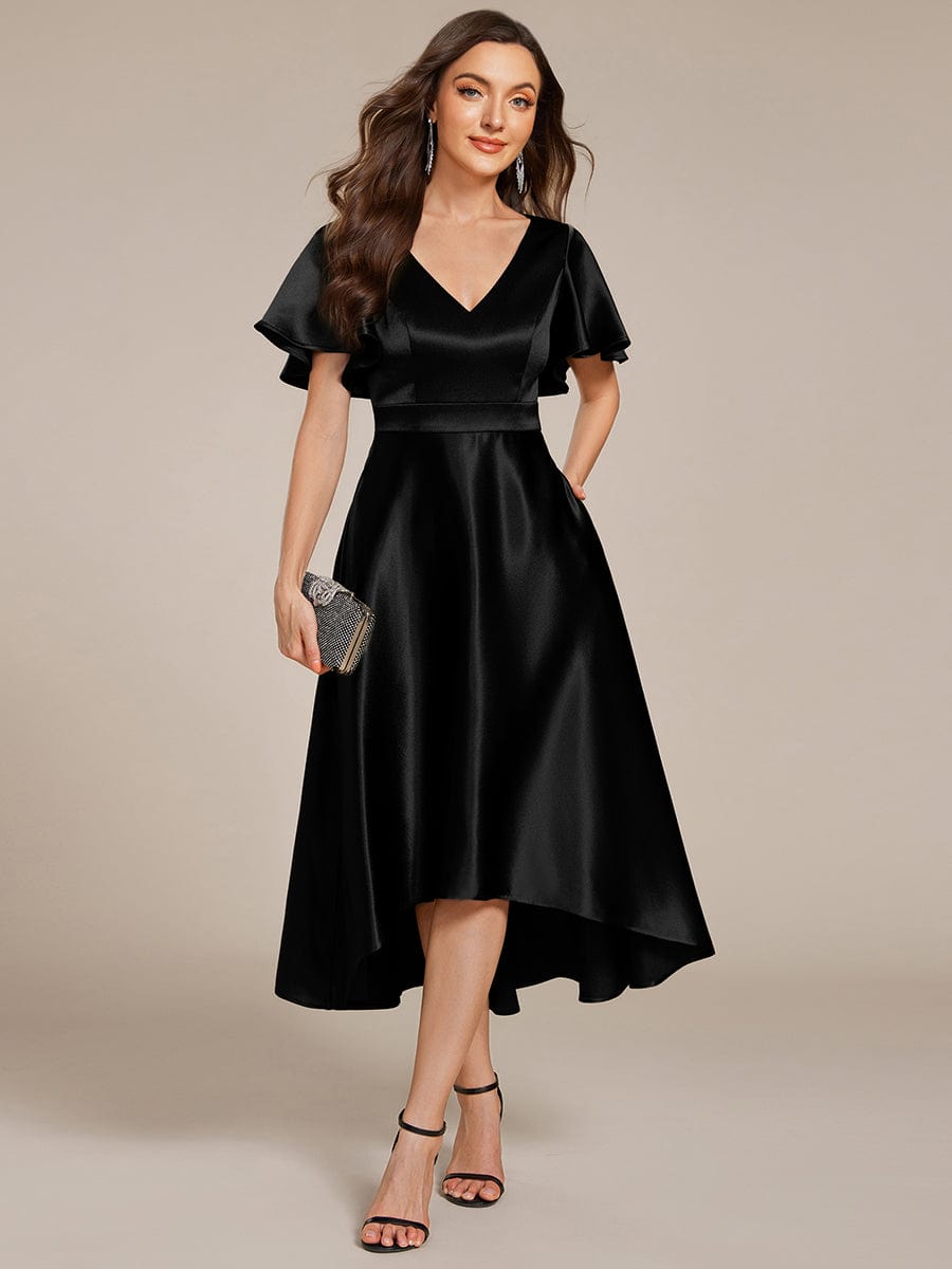Satin V-Neck Flutter Sleeve Midi Bridesmaid Dress with Pockets #color_Black