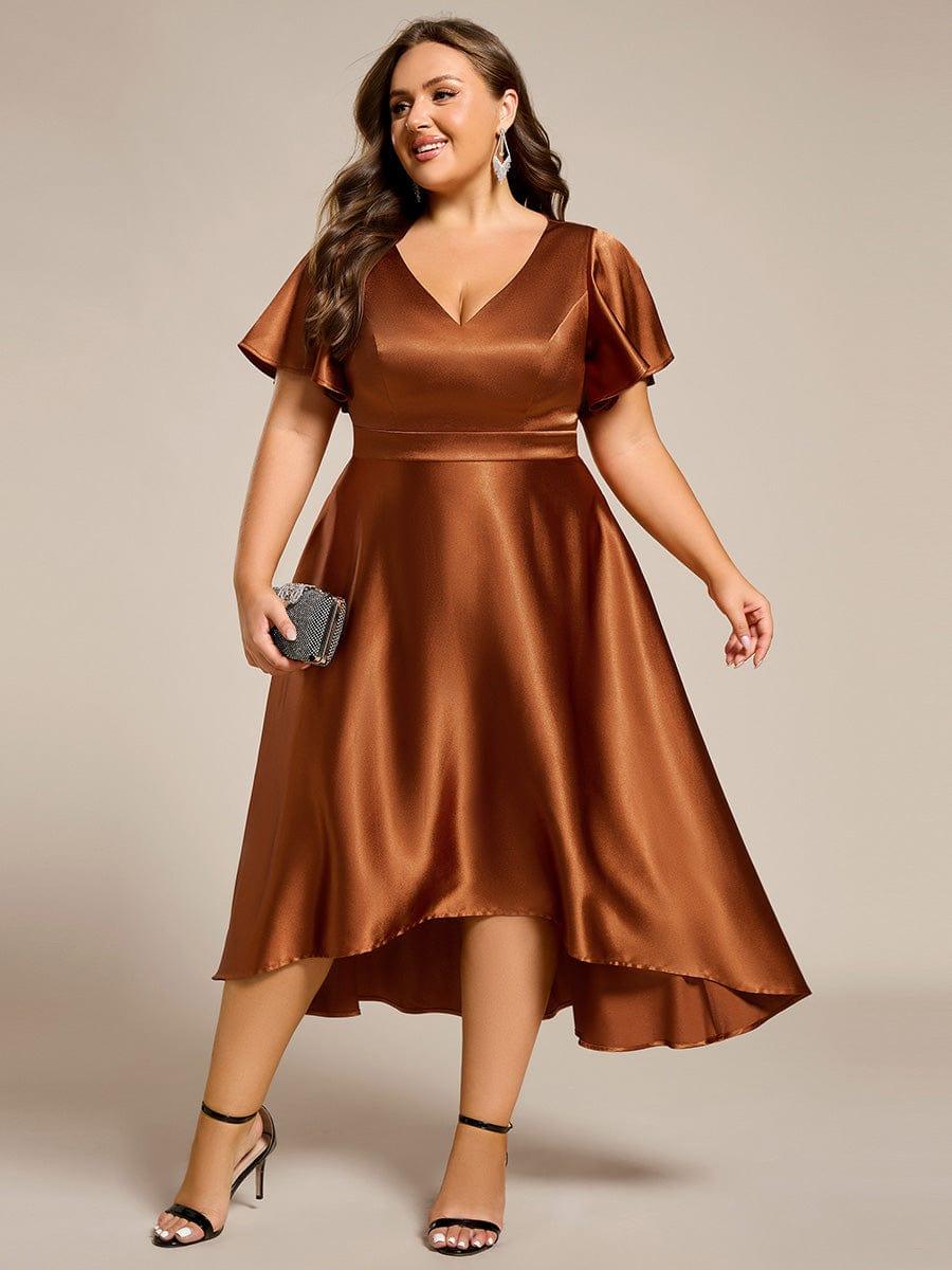 Satin V-Neck Flutter Sleeve Midi Bridesmaid Dress with Pockets #color_Copper