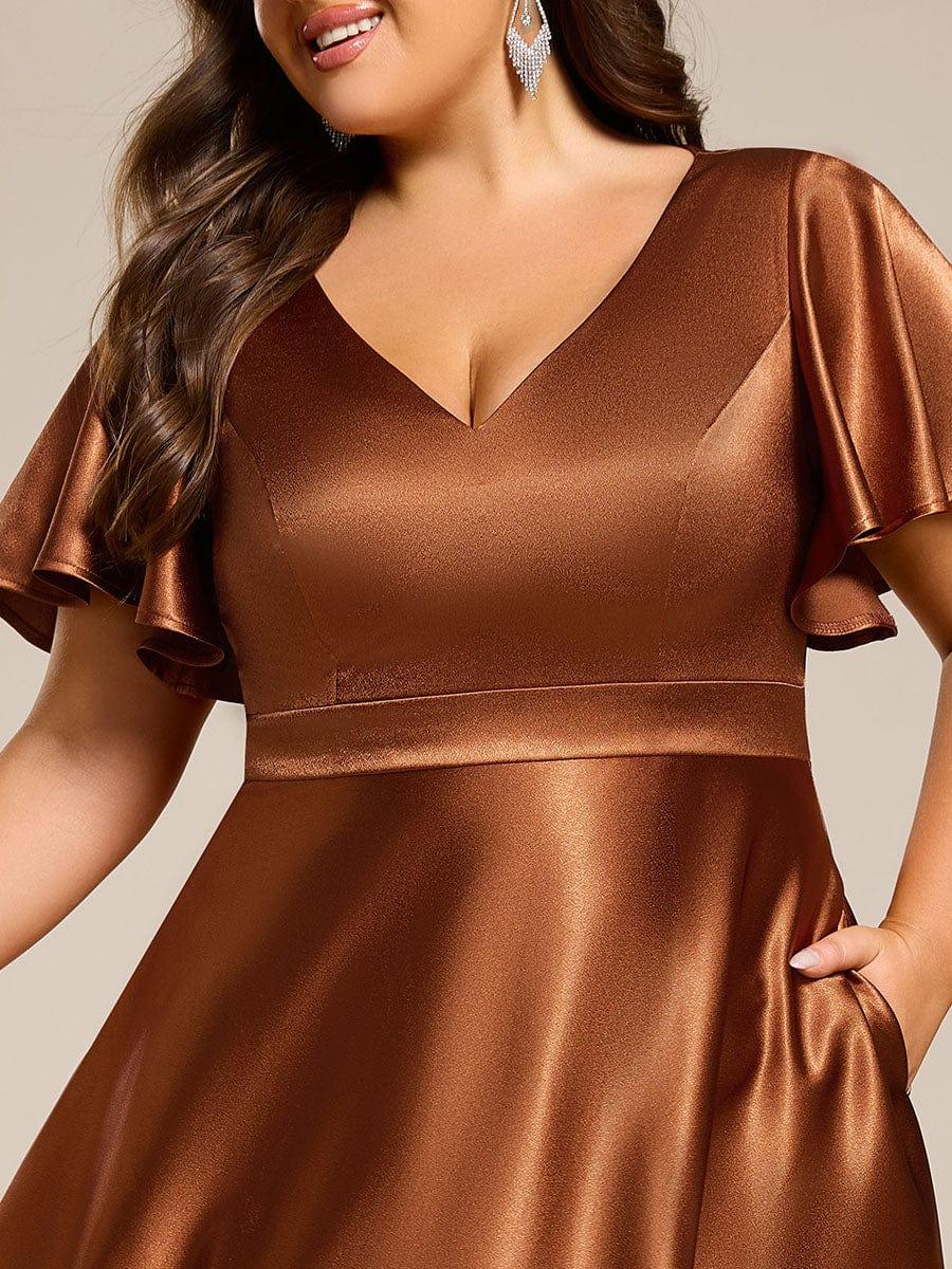 Satin V-Neck Flutter Sleeve Midi Bridesmaid Dress with Pockets #color_Copper