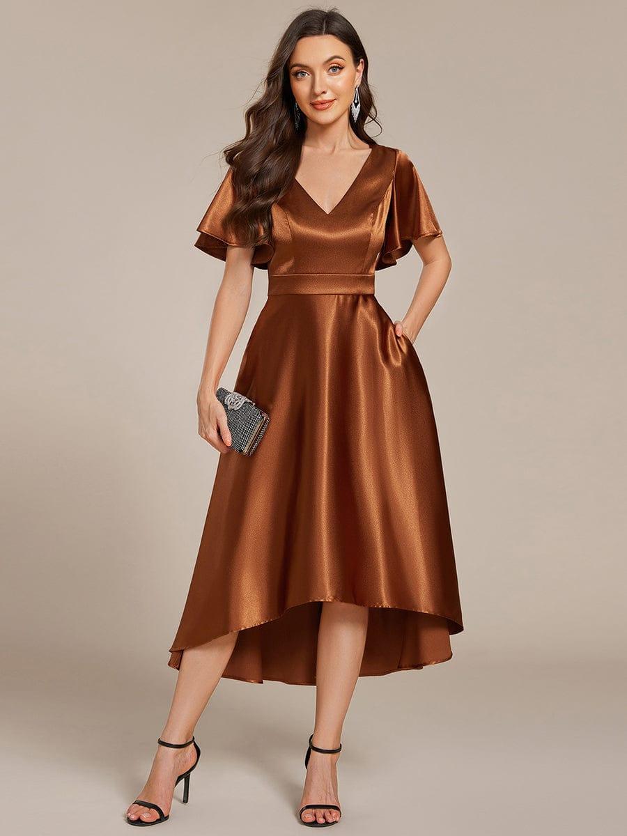 High-Low Midi Satin Wedding Guest Dress with Pockets