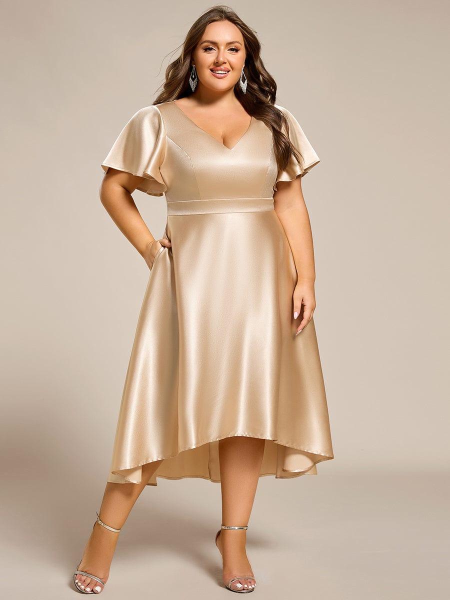 Satin V-Neck Flutter Sleeve Midi Bridesmaid Dress with Pockets #color_Champagne