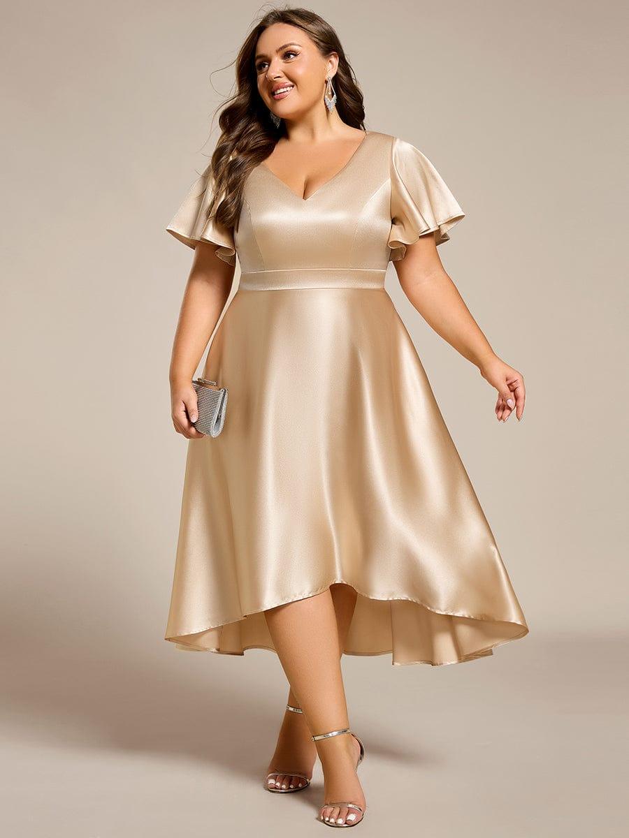 Satin V-Neck Flutter Sleeve Midi Bridesmaid Dress with Pockets #color_Champagne