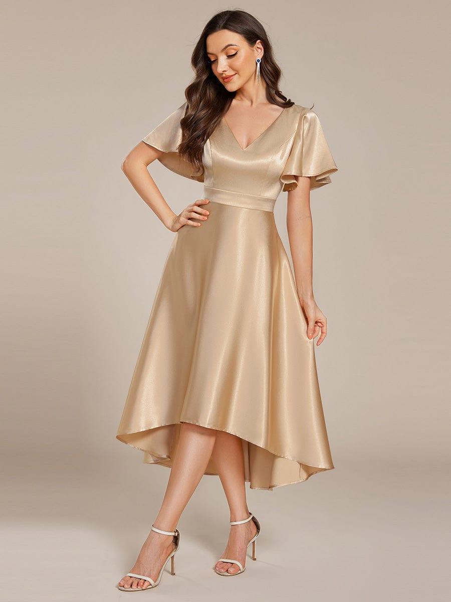 Satin V-Neck Flutter Sleeve Midi Bridesmaid Dress with Pockets #color_Champagne