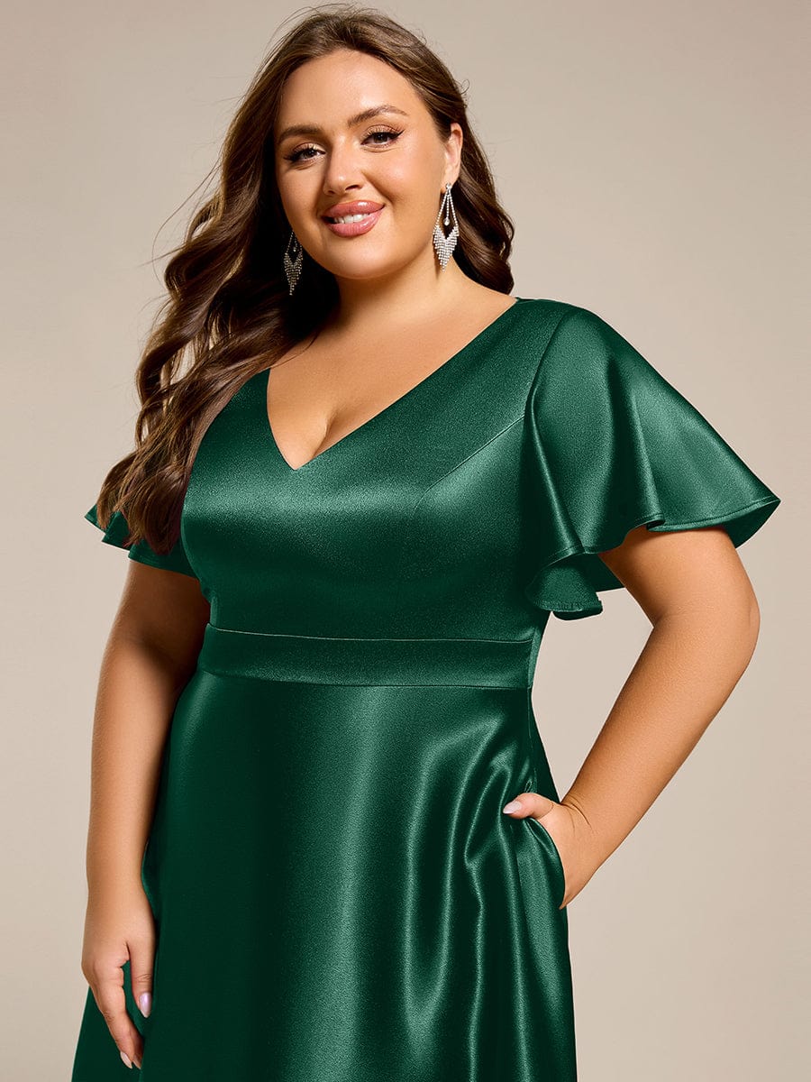 Satin V-Neck Flutter Sleeve Midi Bridesmaid Dress with Pockets #color_Dark Green