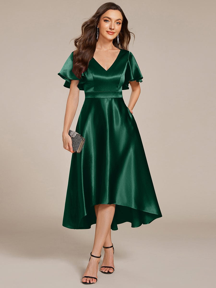 V-neck High-Low Satin Wedding Guest Dress with Pockets #color_Dark Green