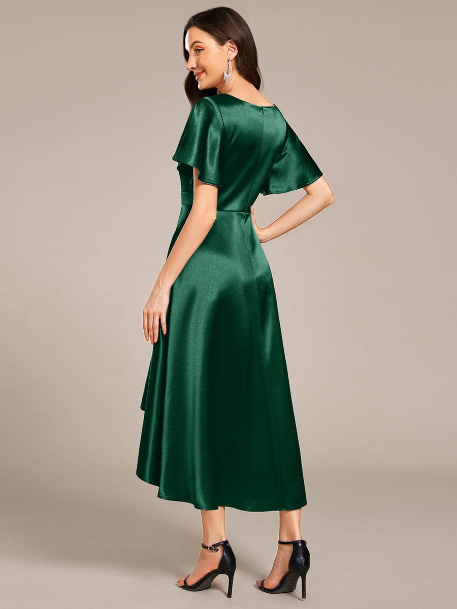 V-neck High-Low Satin Wedding Guest Dress with Pockets #color_Dark Green