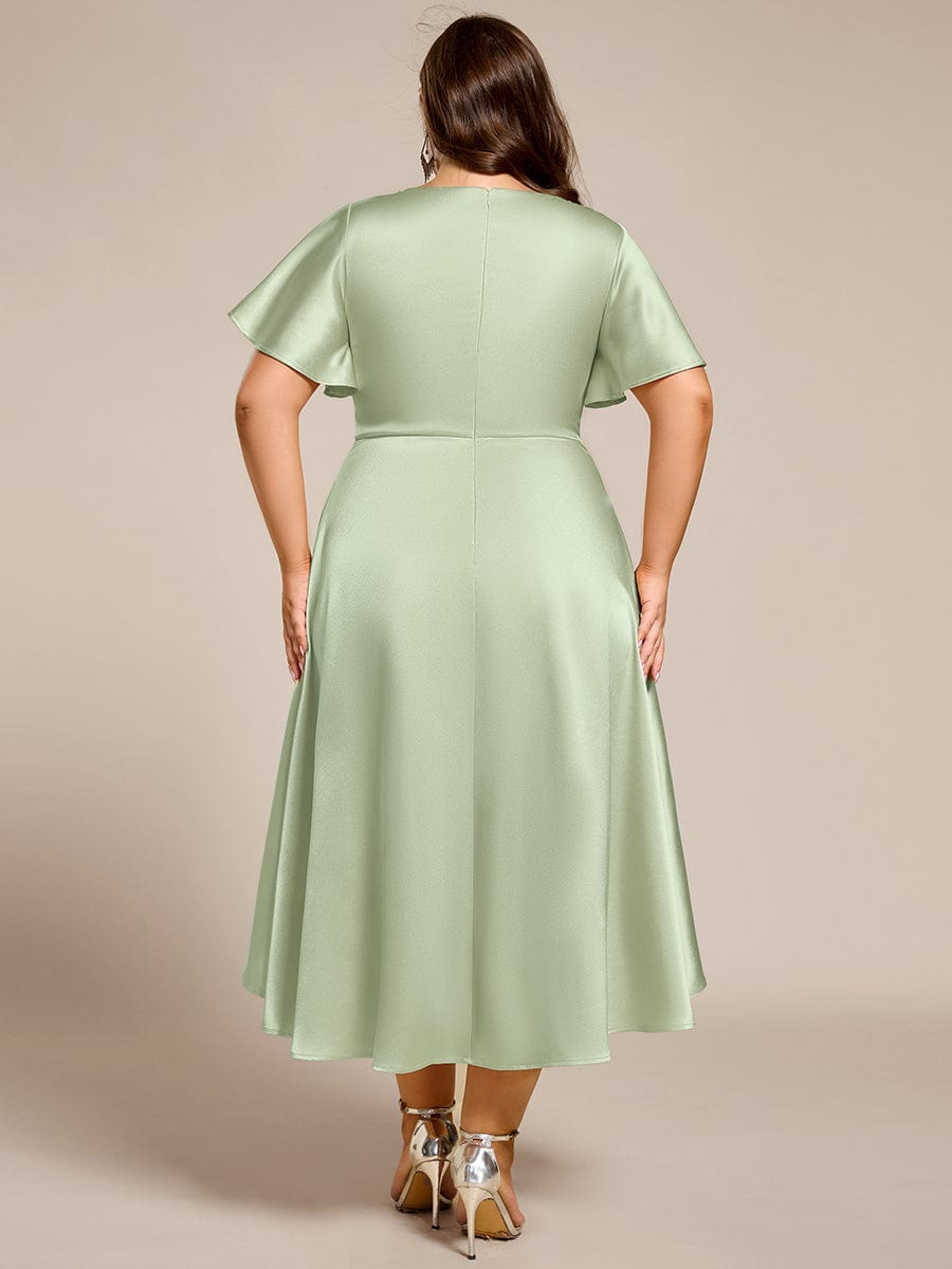 Satin V-Neck Flutter Sleeve Midi Bridesmaid Dress with Pockets #color_Mint Green