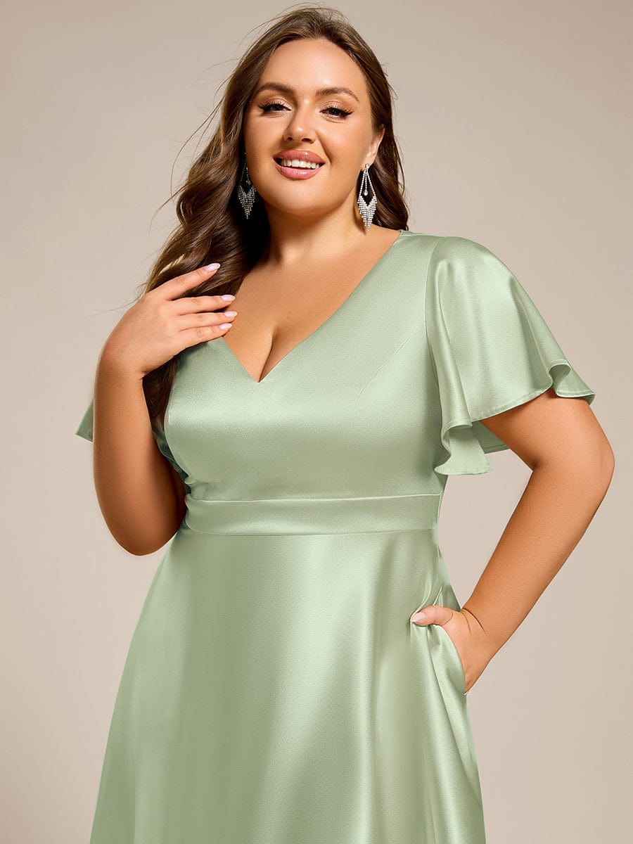 Satin V-Neck Flutter Sleeve Midi Bridesmaid Dress with Pockets #color_Mint Green