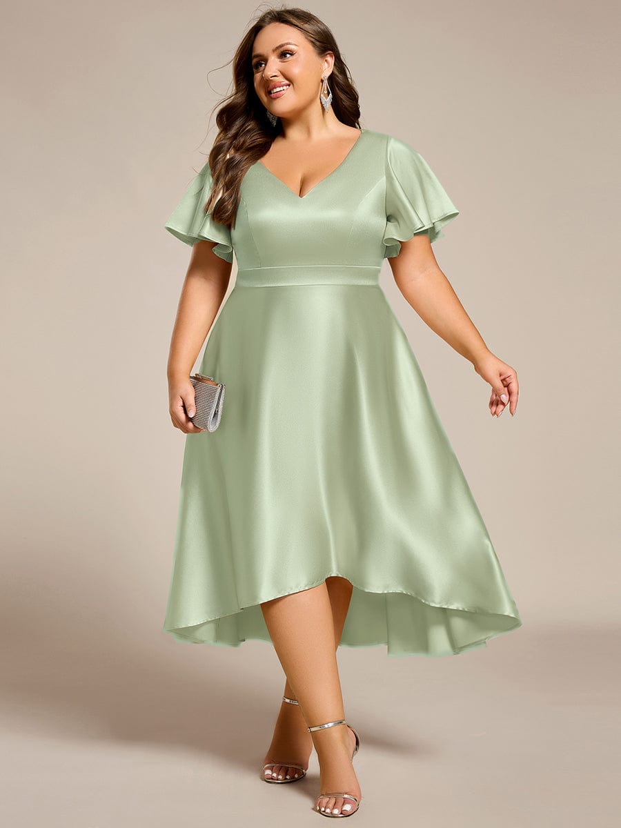 V-neck High-Low Satin Wedding Guest Dress with Pockets #color_Mint Green