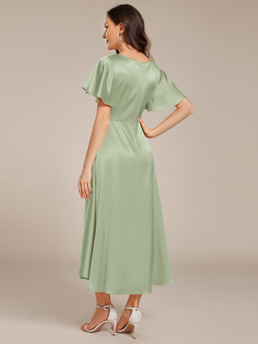 Satin V-Neck Flutter Sleeve Midi Bridesmaid Dress with Pockets #color_Mint Green