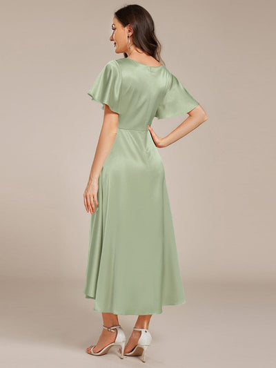 V-neck High-Low Satin Wedding Guest Dress with Pockets #color_Mint Green