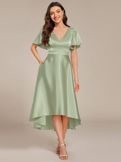 V-neck High-Low Satin Wedding Guest Dress with Pockets #color_Mint Green