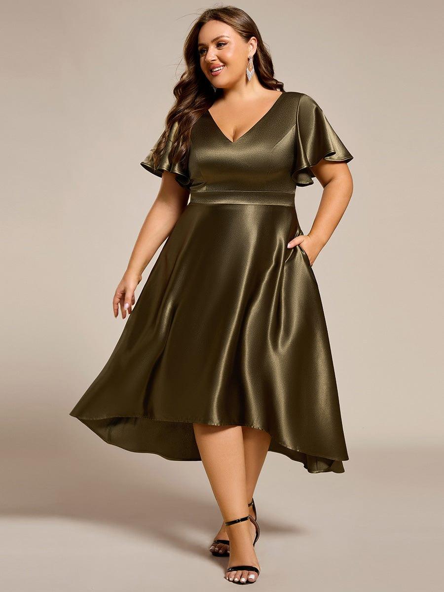 Satin V-Neck Flutter Sleeve Midi Bridesmaid Dress with Pockets #color_Olive Green