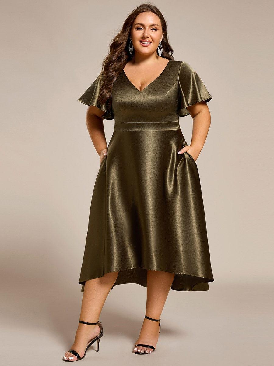Satin V-Neck Flutter Sleeve Midi Bridesmaid Dress with Pockets #color_Olive Green