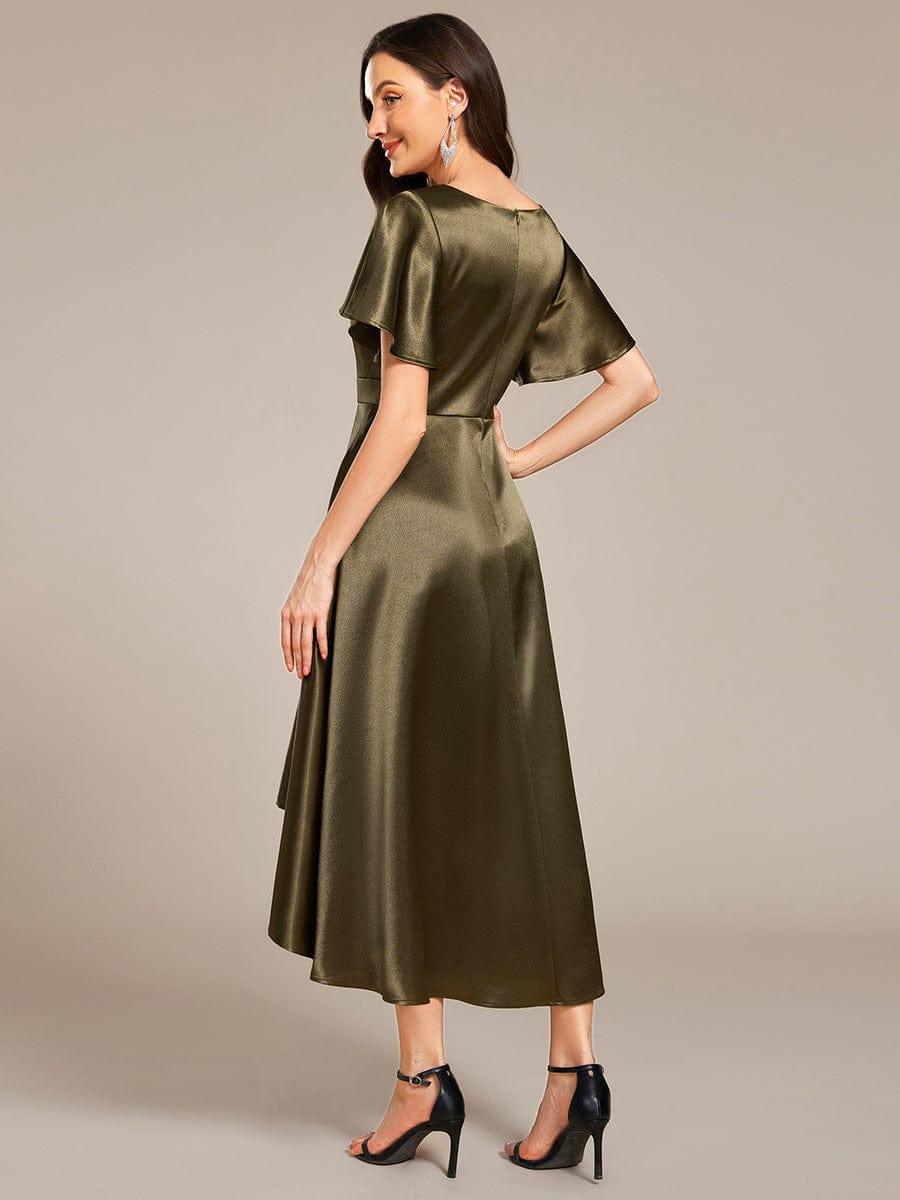 Satin V-Neck Flutter Sleeve Midi Bridesmaid Dress with Pockets #color_Olive Green