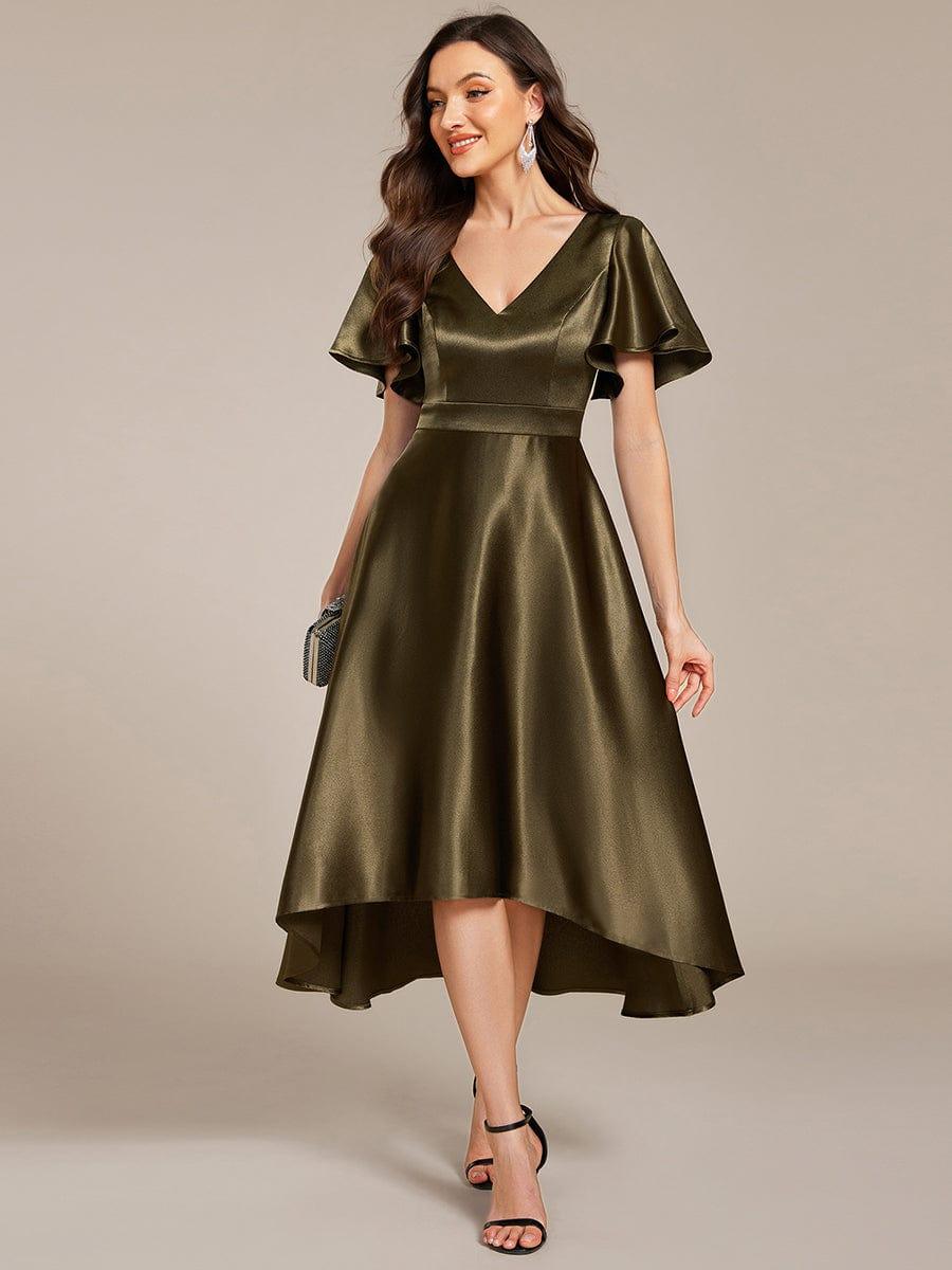 Satin V-Neck Flutter Sleeve Midi Bridesmaid Dress with Pockets #color_Olive Green