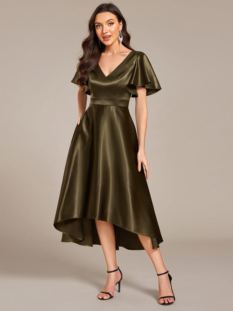 Satin V-Neck Flutter Sleeve Midi Bridesmaid Dress with Pockets #color_Olive Green