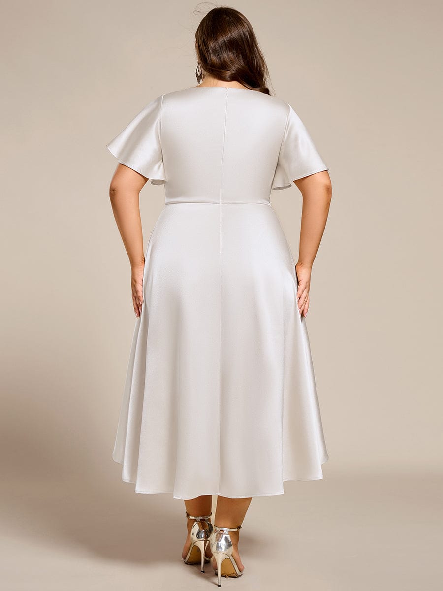V-neck High-Low Satin Wedding Guest Dress with Pockets #color_White
