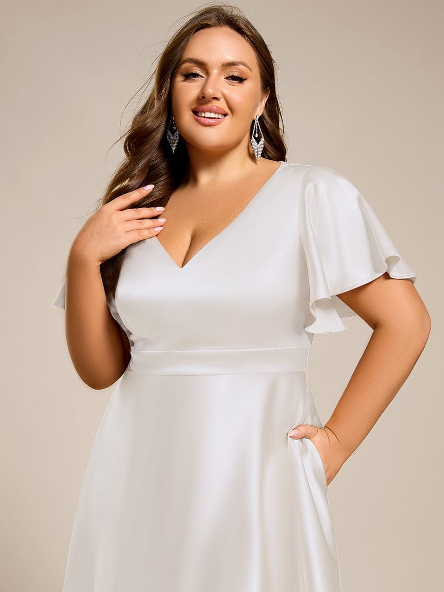 V-neck High-Low Satin Wedding Guest Dress with Pockets #color_White