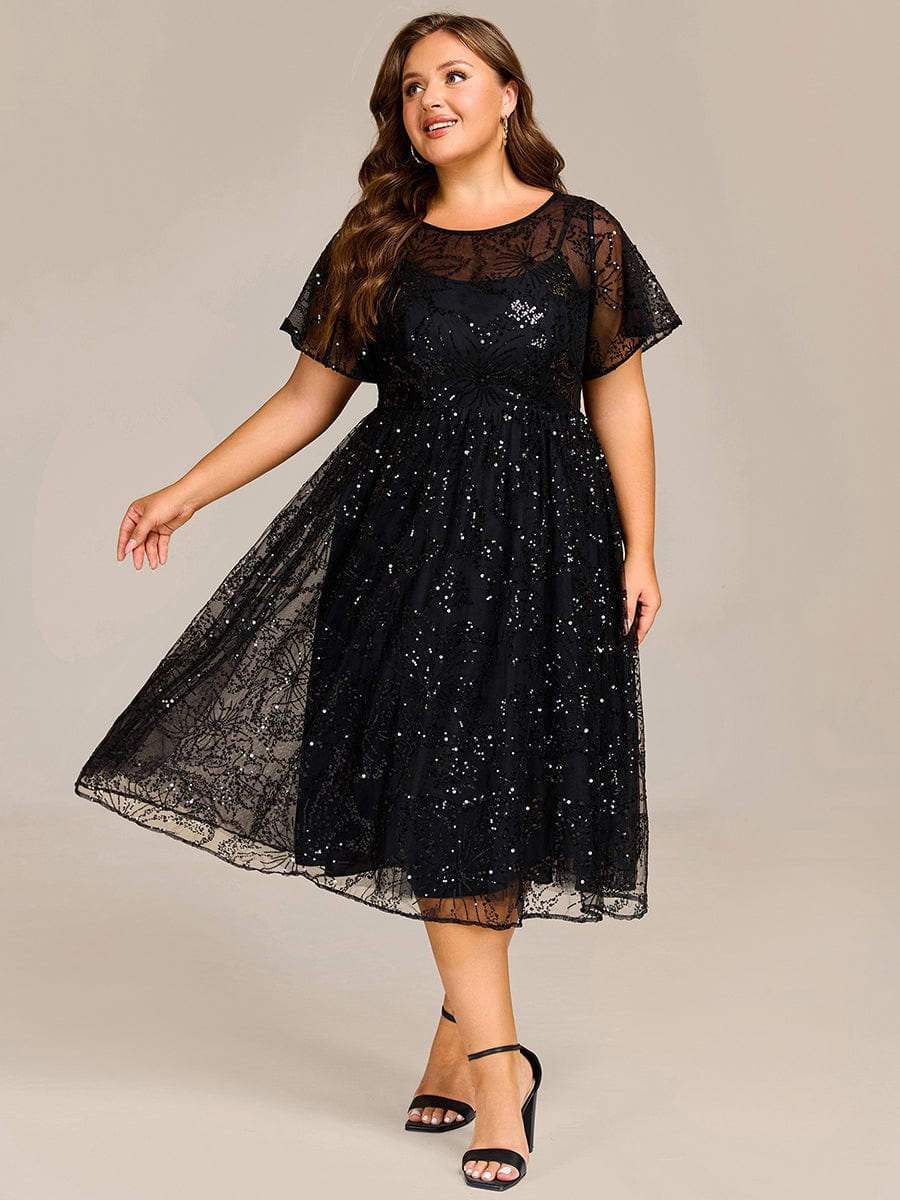 Plus Size Sequin Midi Wedding Guest Dresses #color_Black