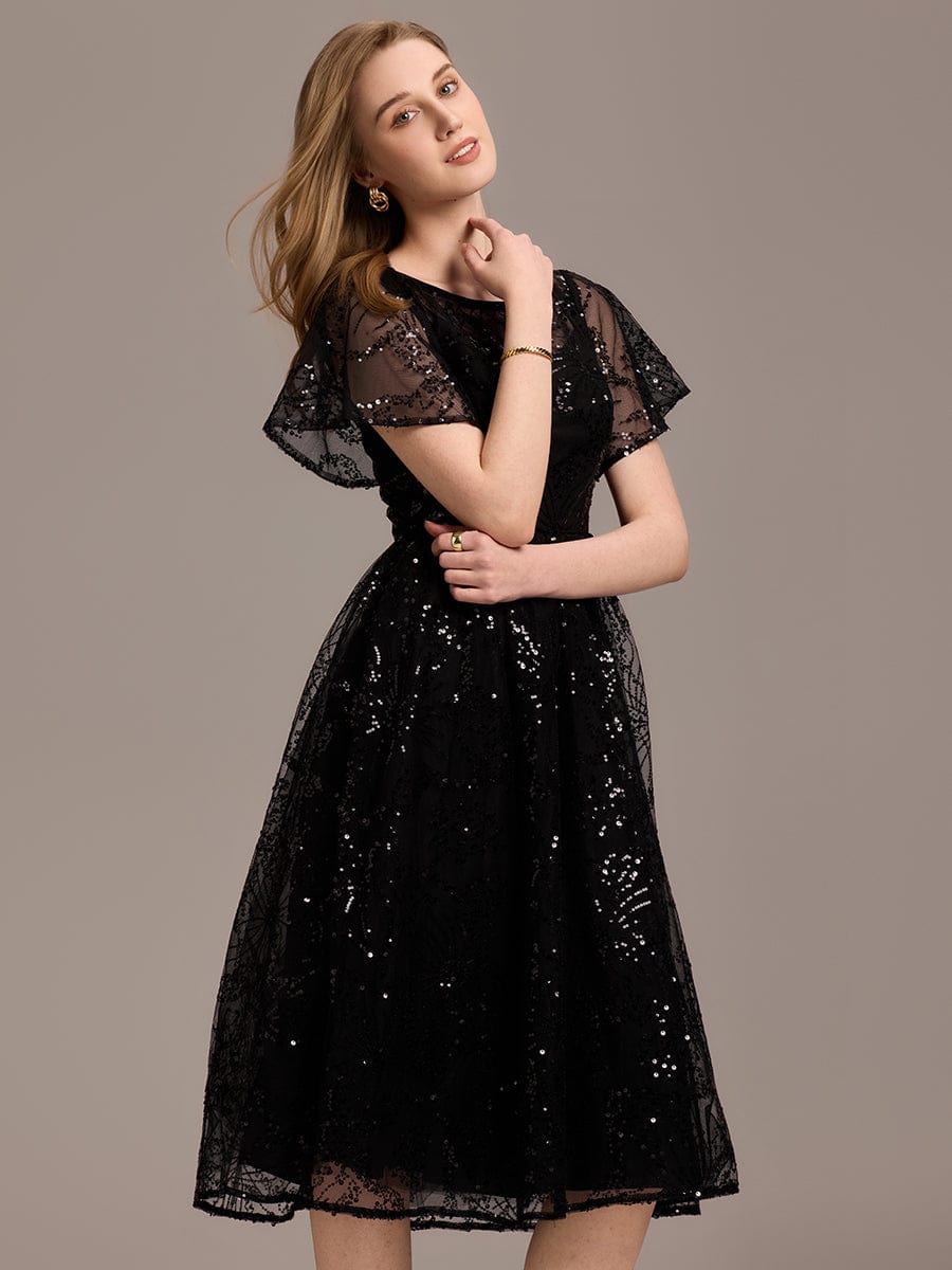 Sheer Ruffle Sequin Wedding Guest Dresses #color_Black
