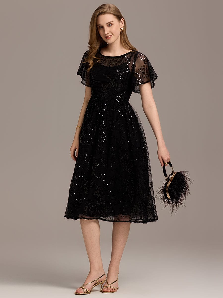 Sheer Ruffle Sequin Wedding Guest Dresses #color_Black