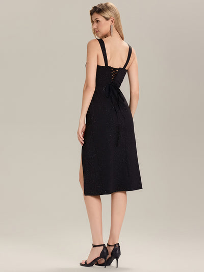 Lace-Up Glitter Sleeveless Wedding Guest Dress #color_Black